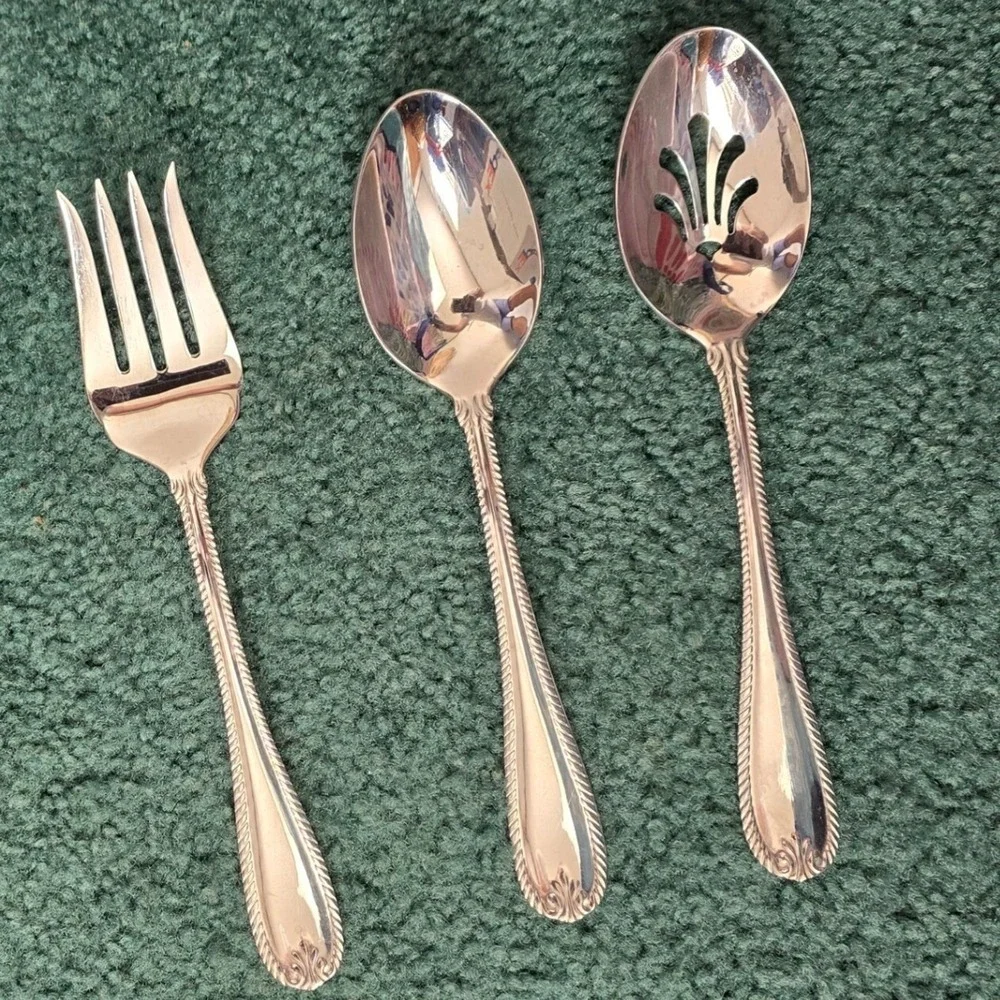 Lenox Tudor Bead Serving 3pc‎ set Fork Spoon Pierced Spoon 18/10 Stainless Steel